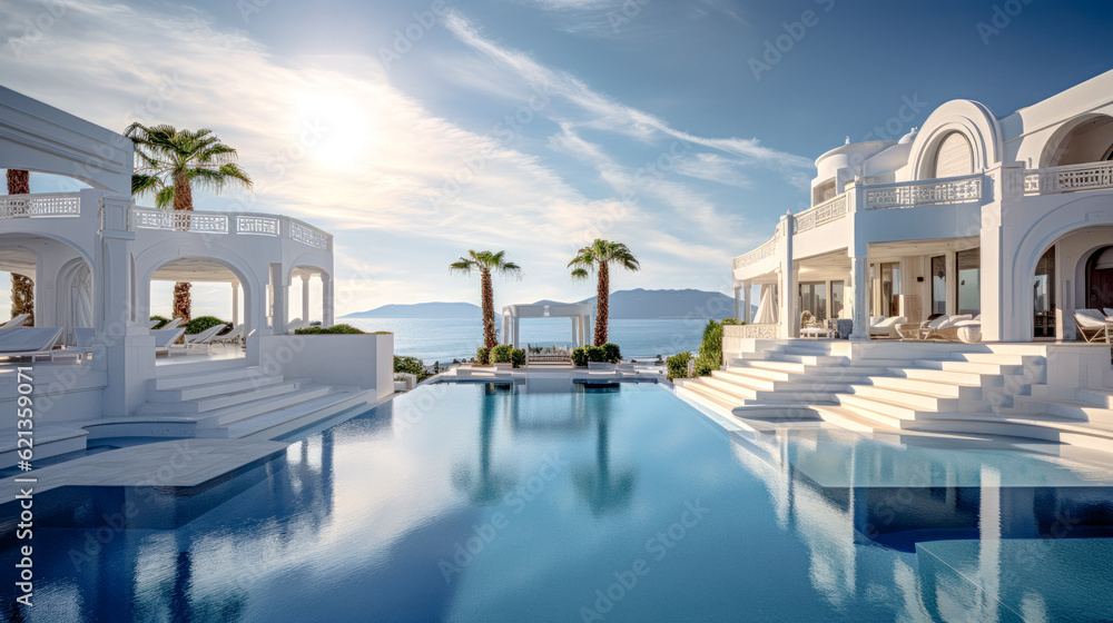 House Villa with Pool in Mediterranean Style in the South of Europe Wallpaper Background Brainstorming Generative AI Digital Art Illustration