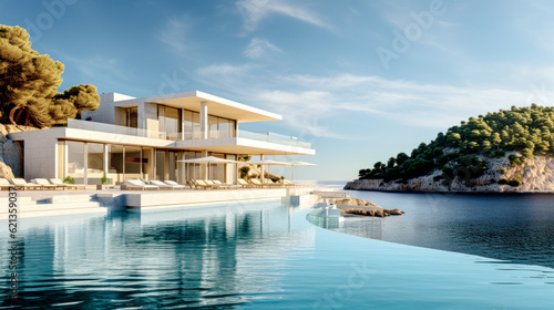 House Villa with Pool in Mediterranean Style in the South of Europe Wallpaper Background Brainstorming Generative AI Digital Art Illustration