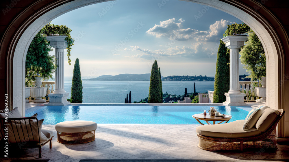 Fototapeta premium House Villa with Pool in Mediterranean Style in the South of Europe Wallpaper Background Brainstorming Generative AI Digital Art Illustration