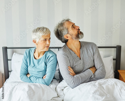 senior bed couple woman man fight problem home wife elderly mature husband bedroom upset unhappy together adult relationship retirement old love difficulty angry argument