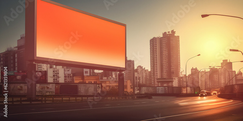 Digital Media Blank billboard, signboard for product advertisement, design, advertising light box billboard, on realistic busy city street background with people, sunny day. AI generated