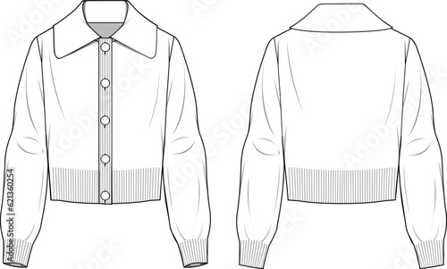 Women's Collar Detail Button-up Cardigan. Technical fashion illustration. Front and back, white colour. Women's CAD mock-up.
