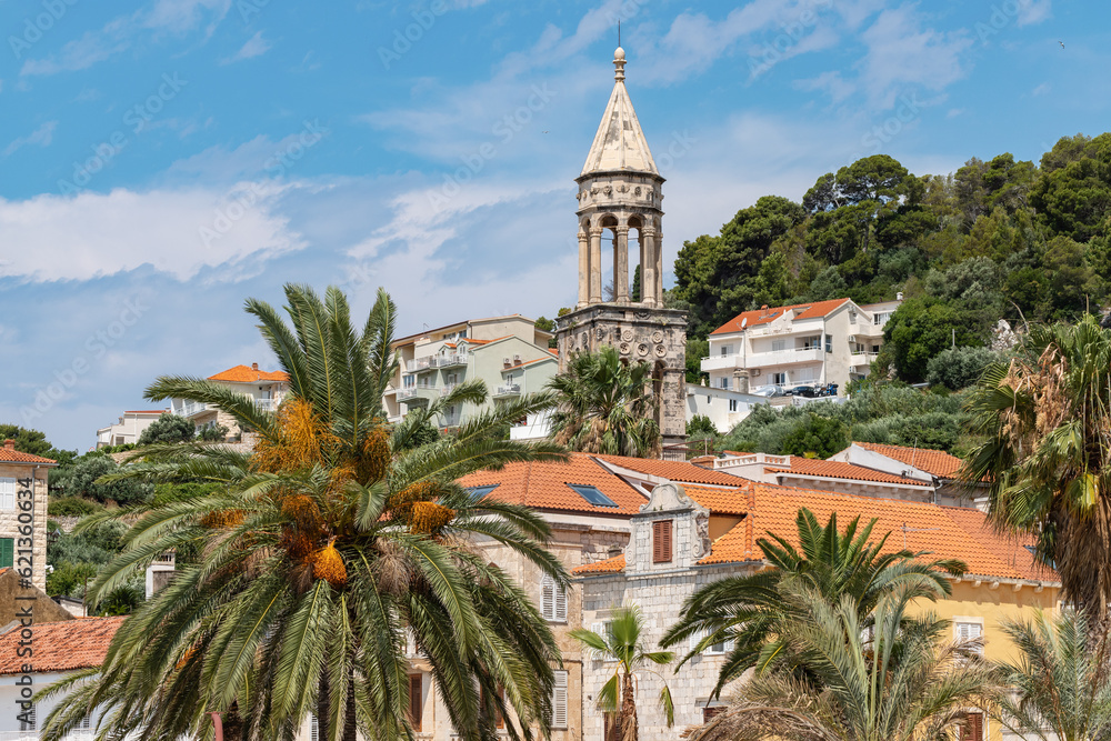 Φωτογραφία The tower of St. Mark's Church in city Hvar, Hvar Island, Croatia
