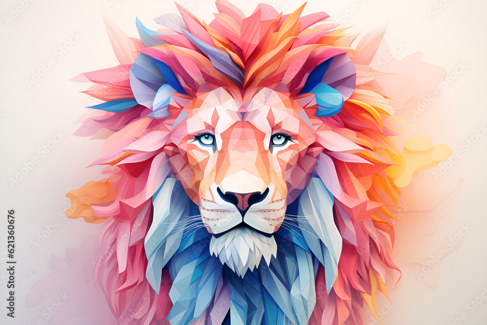 lion painting with flowers, lion head illustration. lion head painting. Generative AI	
