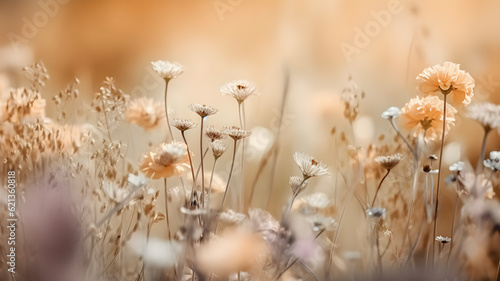 Beige wild flower field background, copy space, AI generated