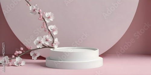3D display podium. Pastel pink minimalistic background with pedestal stand and blooming Sakura brunch, for product display
