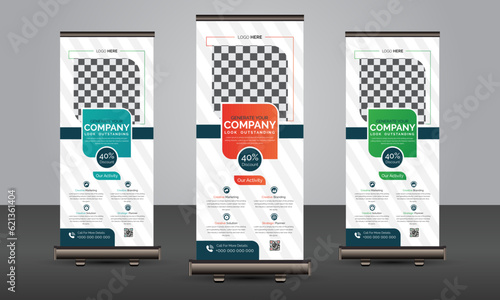 Roll up banner set design, advertisement roll up banner template, Roll up banner stand template design, Blue banner layout, advertisement, pull up.