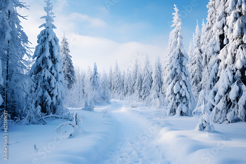 snow covered trees in the forest. snow-covered forest in winter. Generative AI. © Fahad