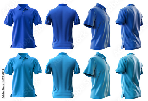 2 Set of dark and light blue aqua front, back and side view collar polo tee shirt on transparent background cutout, PNG file. Mockup template for artwork graphic design.