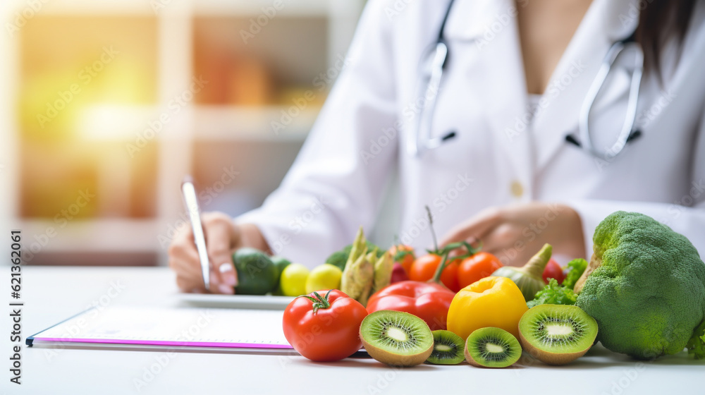 fresh vegetable and fruit on desk with nutritionist female doctor working at office hospital, nutrition, diet plan, nutrition, food science, healthy food concept, Generative AI fresh vegetable and fruit on desk with nutritionist female doctor working at office hospital, nutrition, diet plan, nutrition, food science, healthy food concept, Generative AI
