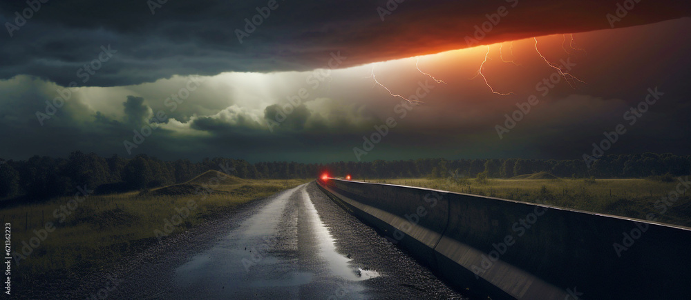 dark storm clouds over the road. Generative Ai. 