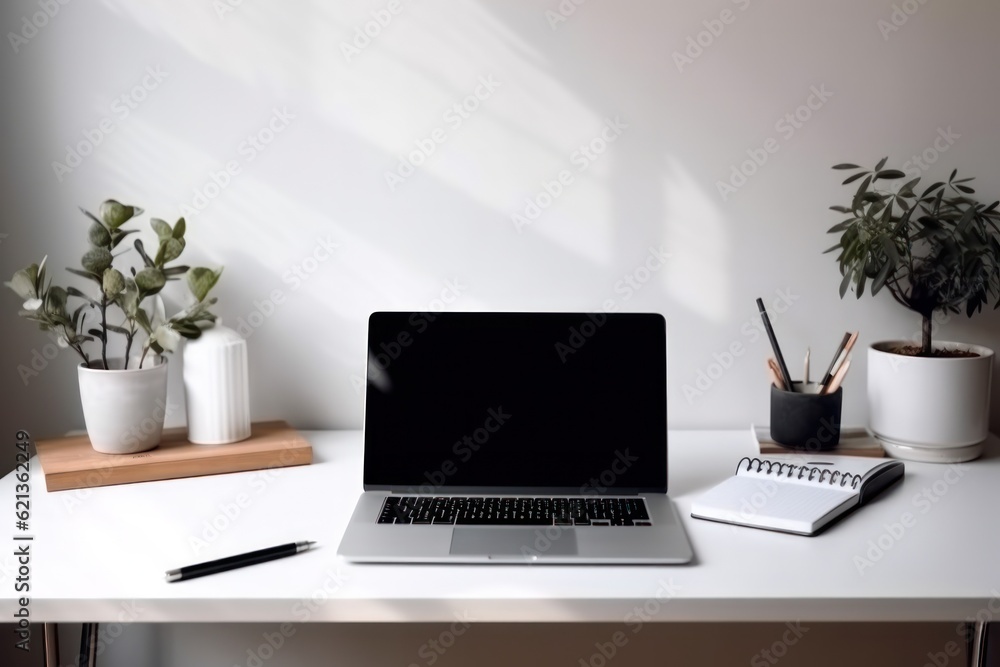 Fototapeta premium desktop with flower, notebook and office supplies on a colored background.Generative AI