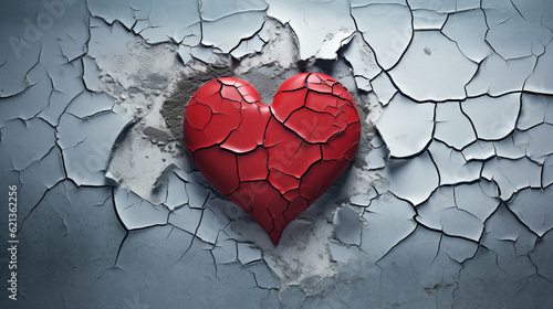 Broken heart on white cracked wall. Generative Ai. 