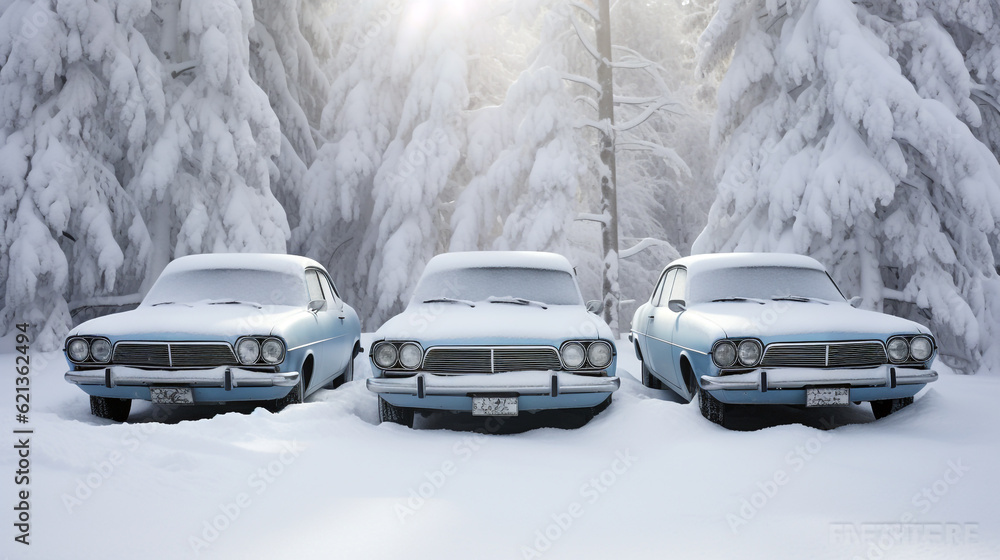 three snow-covered cars against the backdrop of a winter forest. Generative Ai. 