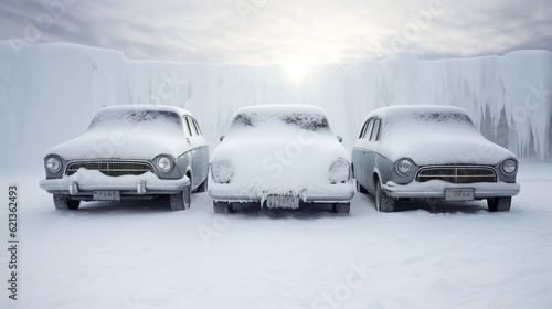 three cars covered in snow. Generative Ai. 