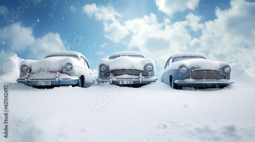 cars covered with snow against the blue sky. Generative Ai. 