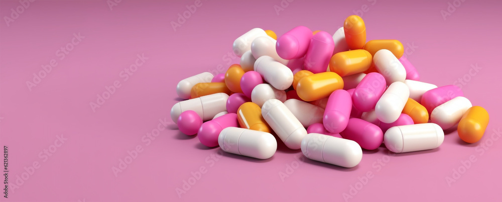 close-up of capsules lying on a pink background. Generative Ai. close-up of capsules lying on a pink background. Generative Ai.