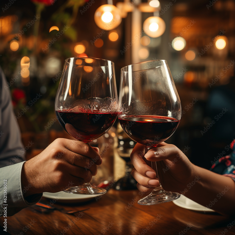 romantic party in a restaurant. two people with glasses of red wine. Generative Ai. romantic party in a restaurant. two people with glasses of red wine. Generative Ai.