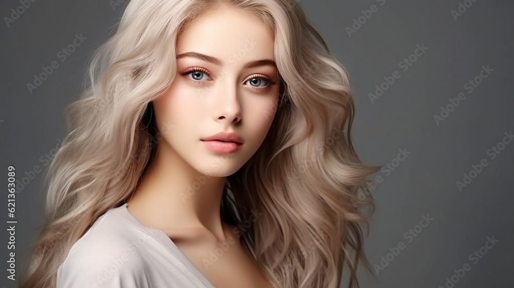 Fototapeta premium Portrait of a young beautiful woman with natural professional makeup, perfect clean skin and long blond curly hair. Gray background with copy space. Beauty skin care