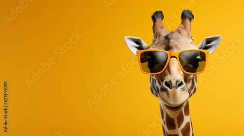 Funny stylish fashionable cartoon giraffe in sunglasses close up isolated on orange background with copy space  horizontal promo banner  children s parties and zoo