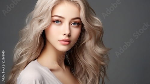 Portrait of a young beautiful woman with natural professional makeup, perfect clean skin and long blond curly hair. Gray background with copy space. Beauty skin care