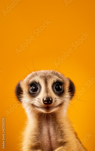 Cute meerkat or suricate mongoose with happy positive smiling expression. Copy space above. Generative AI