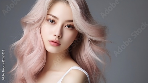 Beautiful young Asian woman with Korean natural professional makeup, perfect clean skin and long blonde pink curly hair. Gray background with copy space
