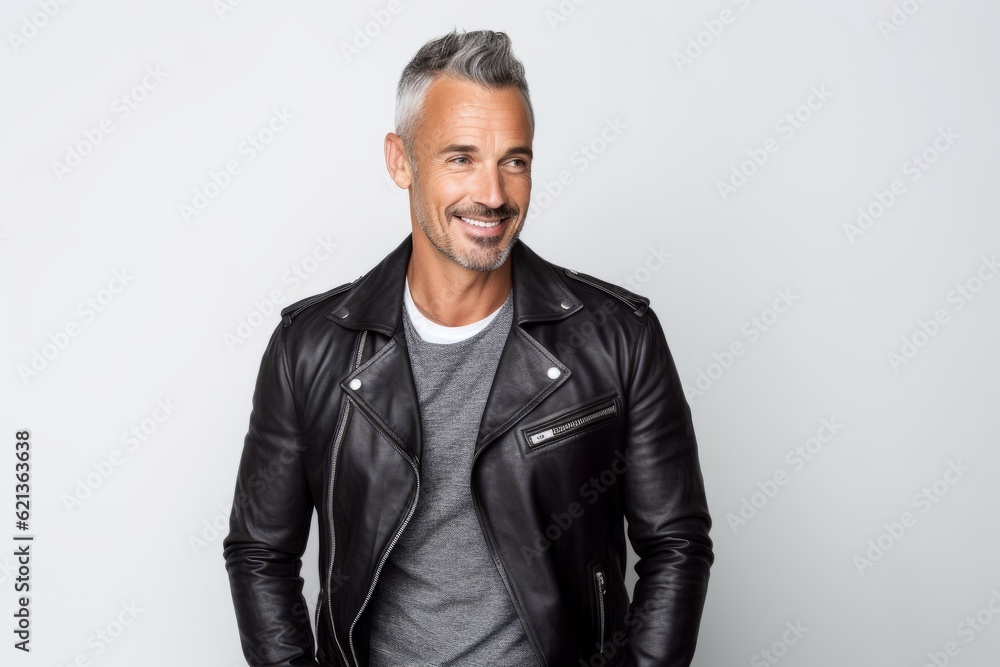 Portrait of a handsome mature man in a leather jacket, smiling. Portrait of a handsome mature man in a leather jacket, smiling.
