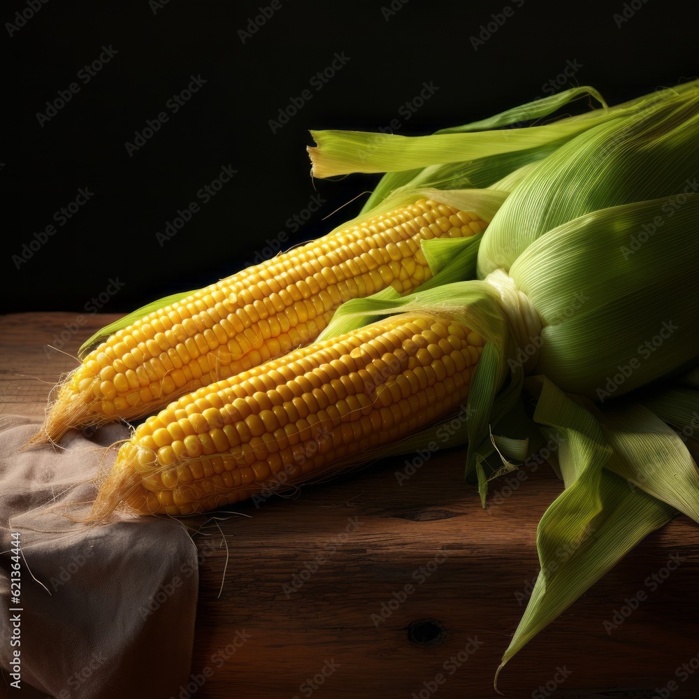 Agriculture harvest Food photography background square - Ripe corn on the cob on a dark wooden table (Generative Ai) Agriculture harvest Food photography background square - Ripe corn on the cob on a dark wooden table (Generative Ai)