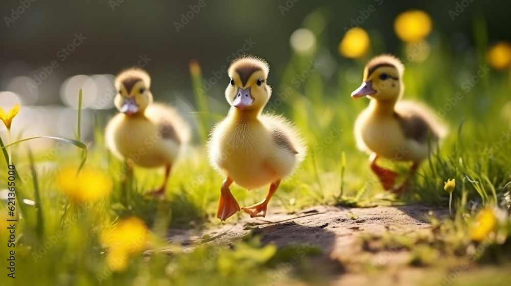 rustic ducklings walk on a sunny day on the grass. Generative Ai. 