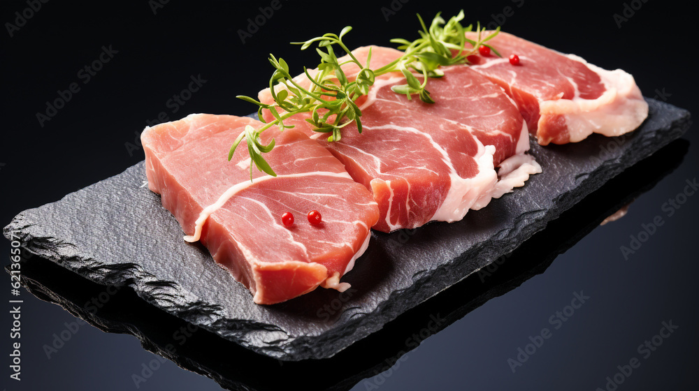 raw chops on a wooden board with greens dark background. Generative Ai. raw chops on a wooden board with greens dark background. Generative Ai.