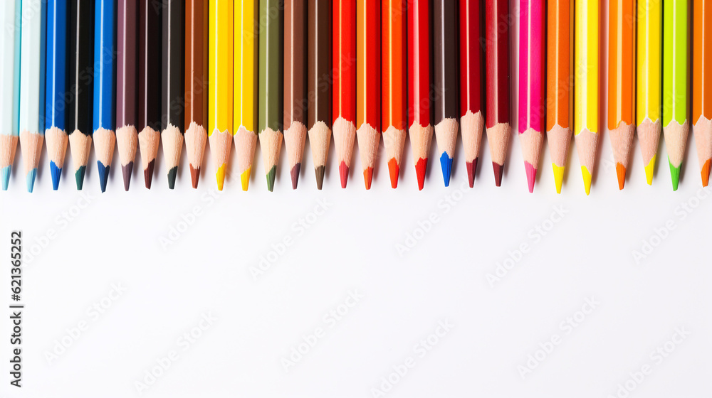 colored pencils on a white background with space for text. Generative Ai. colored pencils on a white background with space for text. Generative Ai.