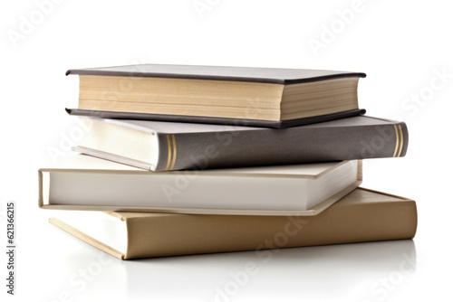 Many books in one stack on a white background. Place for text. Design element, paper and leather texture. Colorful books closeup. education and learning concept.Generative AI