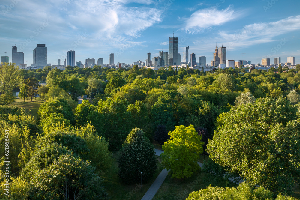 Top drone view of Warsaw from Pole mokotowskie park - obrazy, fototapety, plakaty 