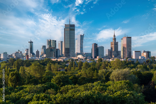 Top drone view of Warsaw from Pole mokotowskie park