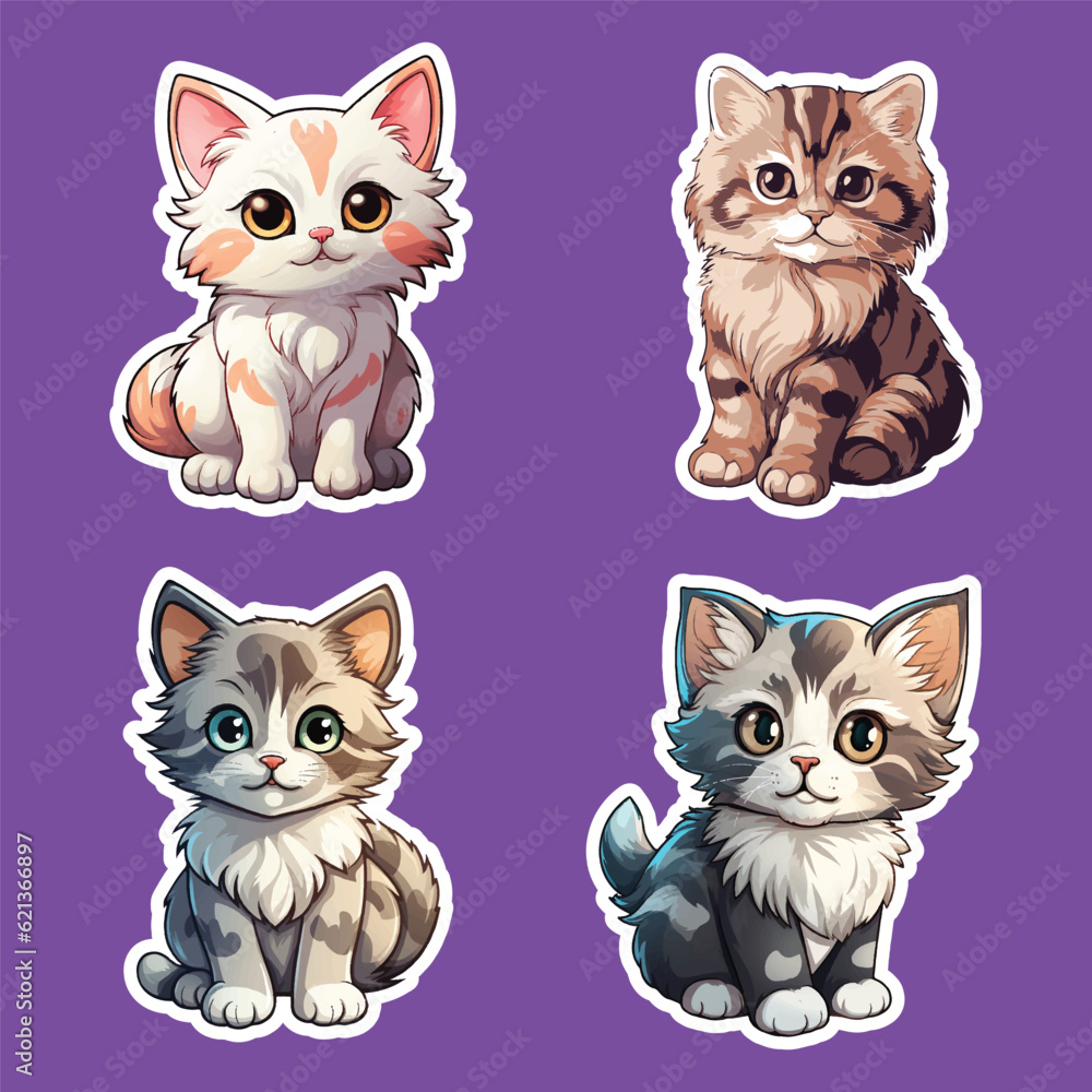 Cute baby Cat stickers collection illustration. Pet cartoon stickers set. Cute cartoon cats printable stickers funny illustrations for kids