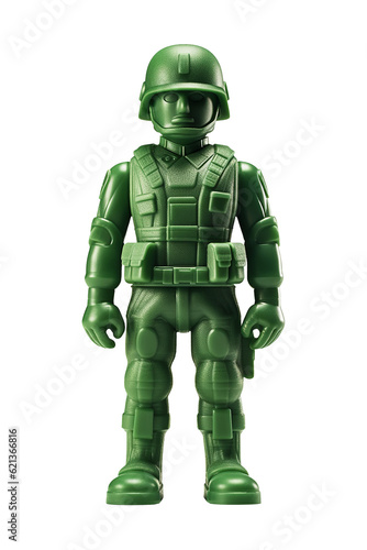 Green soldier plastic toy figure, isolated on white or transparent. Generative AI photo