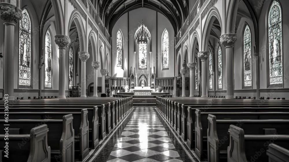 black and white, church for the faithful, religious place, made with Generative AI black and white, church for the faithful, religious place, made with Generative AI