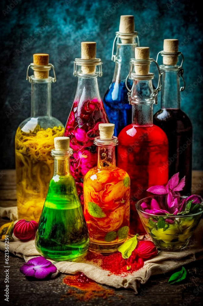 Variety of colorful spices and herbs in bottles on rustic background. selective focus. Variety of colorful spices and herbs in bottles on rustic background. selective focus.