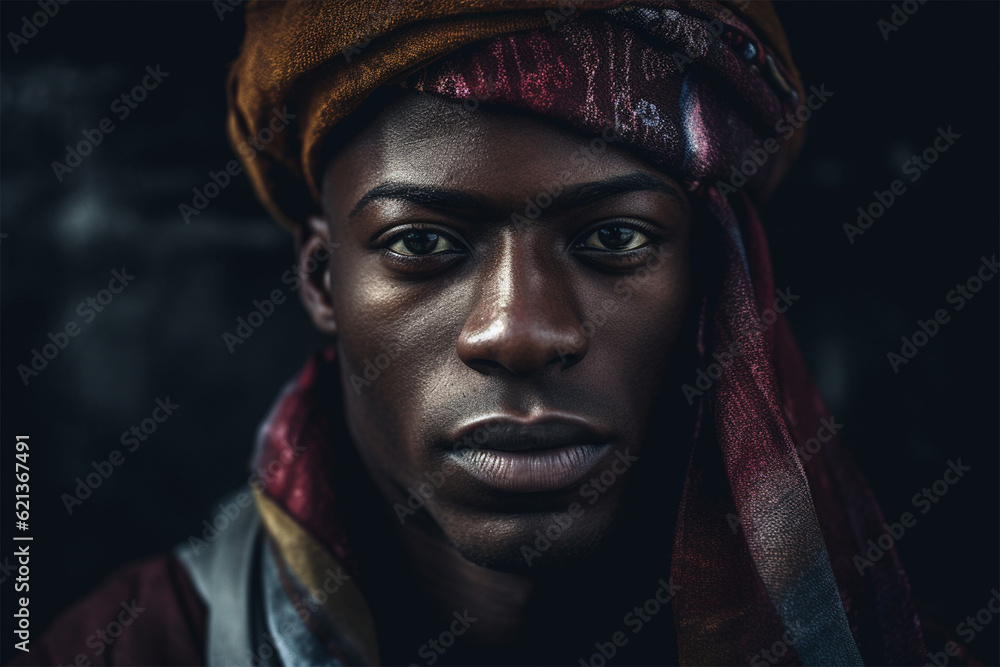 close-up Highly detailed portrait of a handsome dark-skinned young man looking at the camera with a confident and thoughtful expression on a dark background.Generative AI close-up Highly detailed portrait of a handsome dark-skinned young man looking at the camera with a confident and thoughtful expression on a dark background.Generative AI