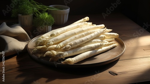 Agriculture harvest Food photography background - Ripe bunch of white asparagus on a dark wooden table (Generative Ai)