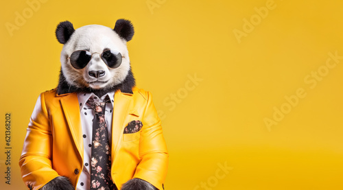 Cool looking panda bear wearing funky fashion dress - jacket, tie, glasses. Wide banner with space for text at side. Stylish animal posing as supermodel. Generative AI photo