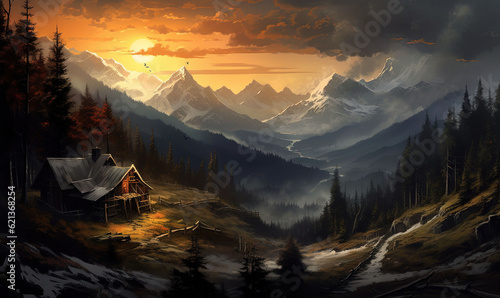  a painting of a cabin in a mountain valley with a sunset in the background. generative ai