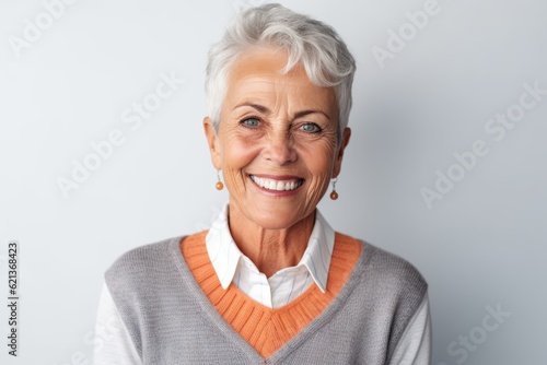 Portrait of a happy senior woman smiling at camera on white background