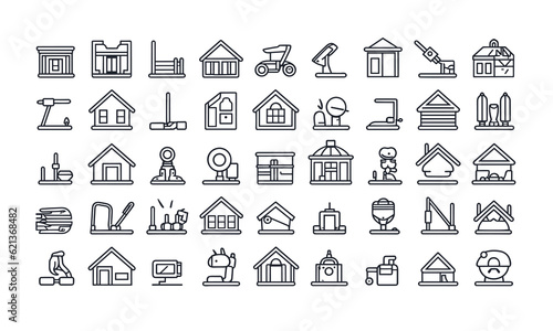 Construction line icons set. Home repair tools outline icons collection. Construction tools, builders, and equipment symbols. Builder, crane, engineering, equipment, helmet, tool, house & stock vector