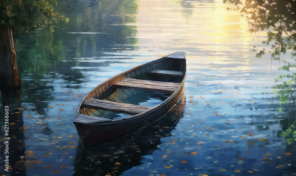  a painting of a boat floating on a lake with leaves on the water.  generative ai