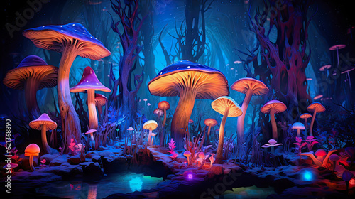 ai generative illustration of blue glowing mushrooms