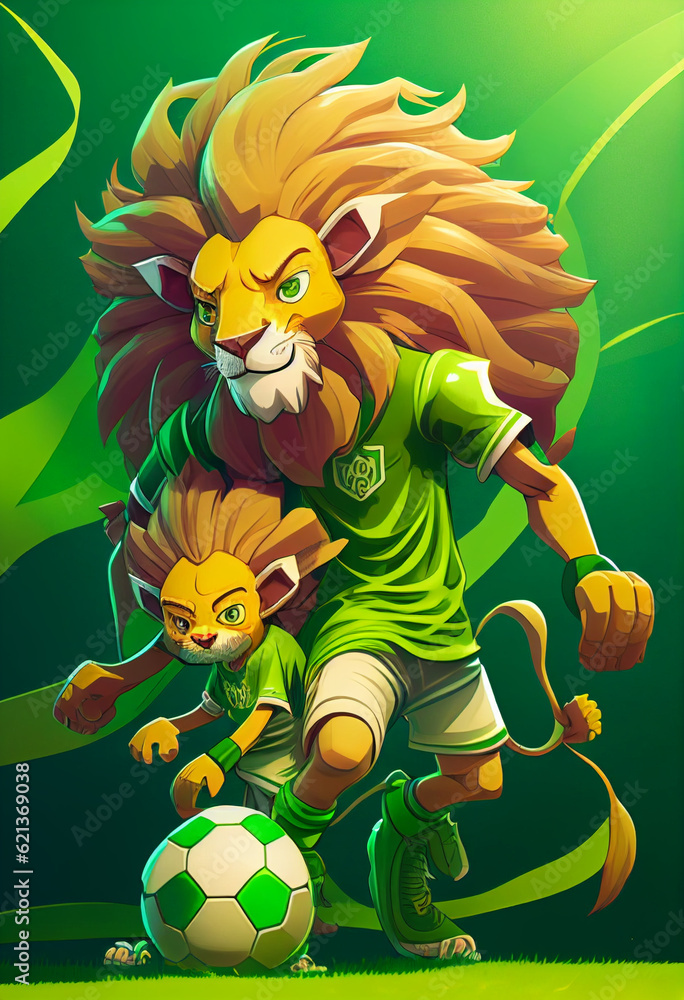 Naklejka premium Family of lions playing football dressed in green t-shirts. AI Generated