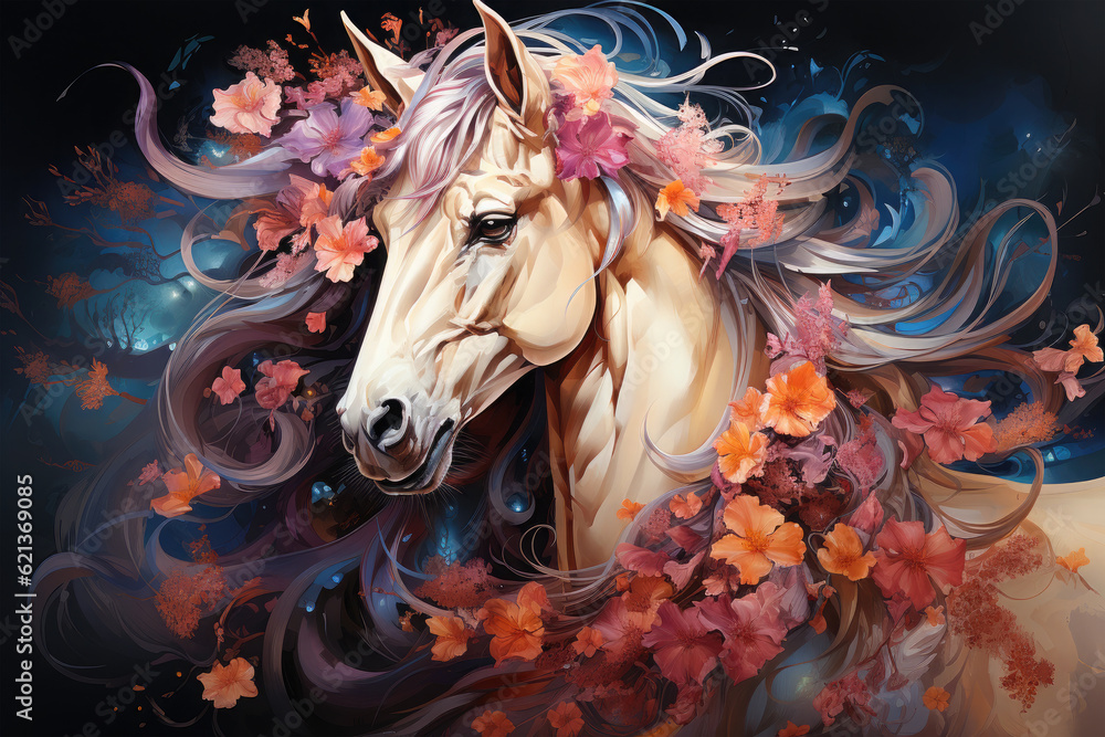 A mystical watercolor magical unicorn floral amidst an enchanted forest, where the unicorn's presence awakens a symphony of blooming flowers, their captivating colors, Generative Ai