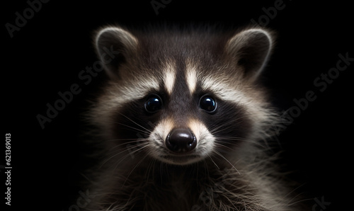  a raccoon looking at the camera with a black background.  generative ai © Anna